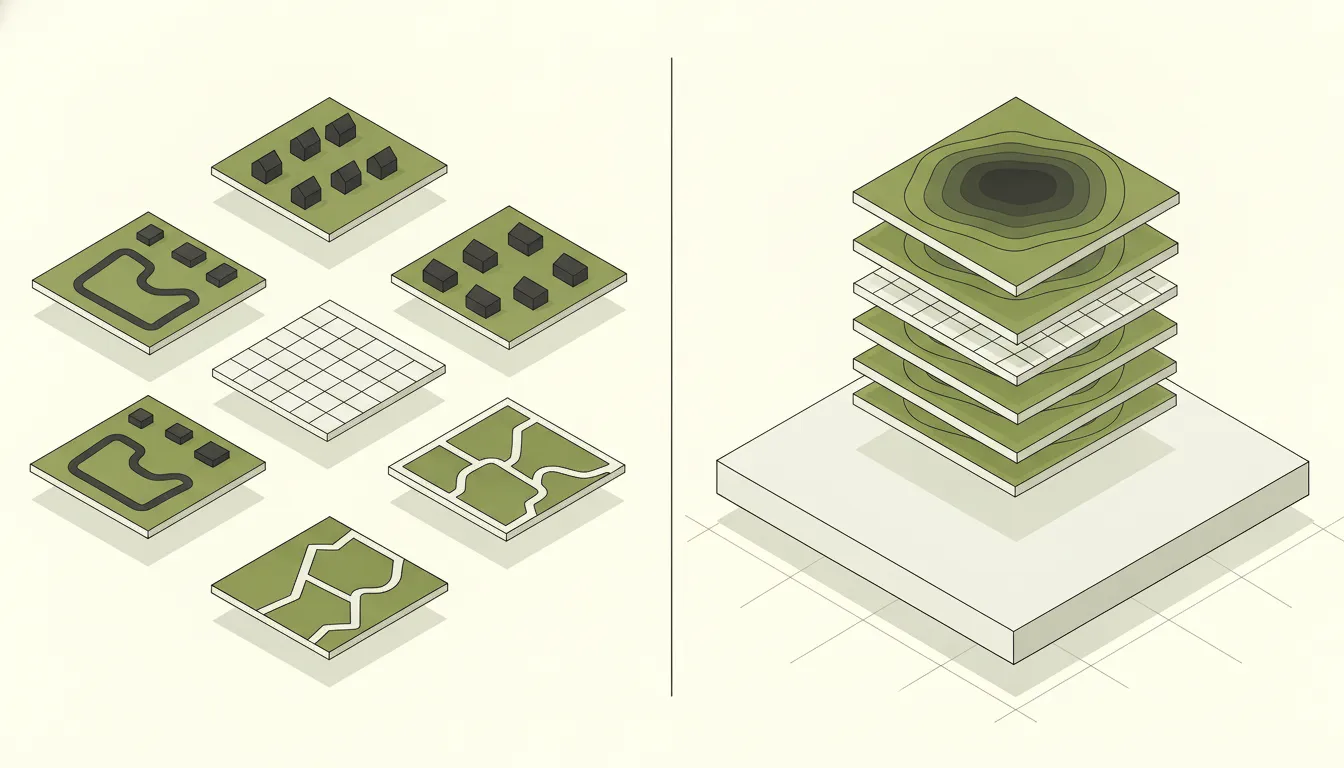 Isometric illustration of separate map tiles scattered apart, beside the same layers aligned in one neat stack on a single base.