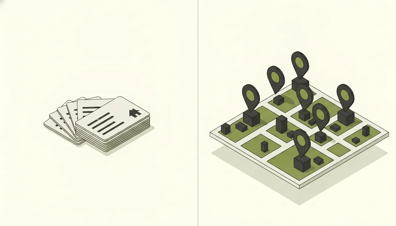 Isometric illustration of a stack of address cards beside a street map tile with location pins marking individual buildings.