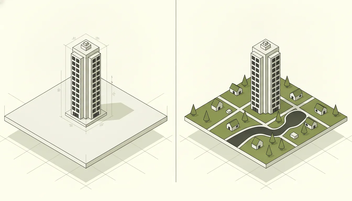 Isometric illustration of a tower block alone on a blank plane with dimension lines, beside the same tower on a map tile with land parcels, roads and houses.