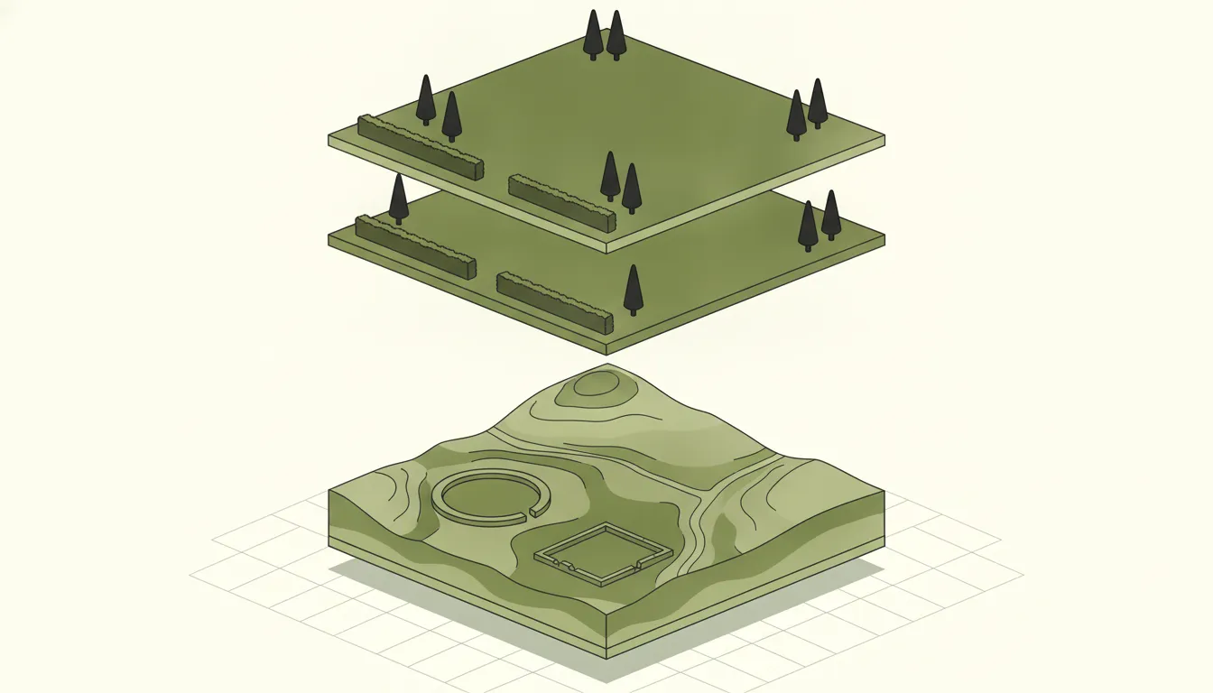 Isometric illustration of a field surface lifted away to show the terrain beneath, with the outlines of a ring ditch, a rectangular enclosure and an old trackway.