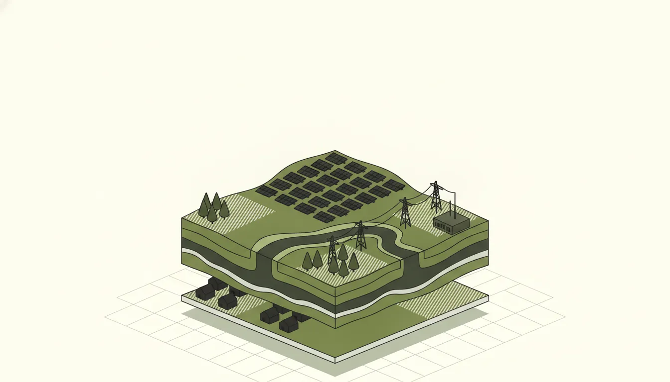 Isometric illustration of a block of terrain with a solar array, electricity pylons and a substation, and hatched areas marking woodland, a river and houses as constraints.