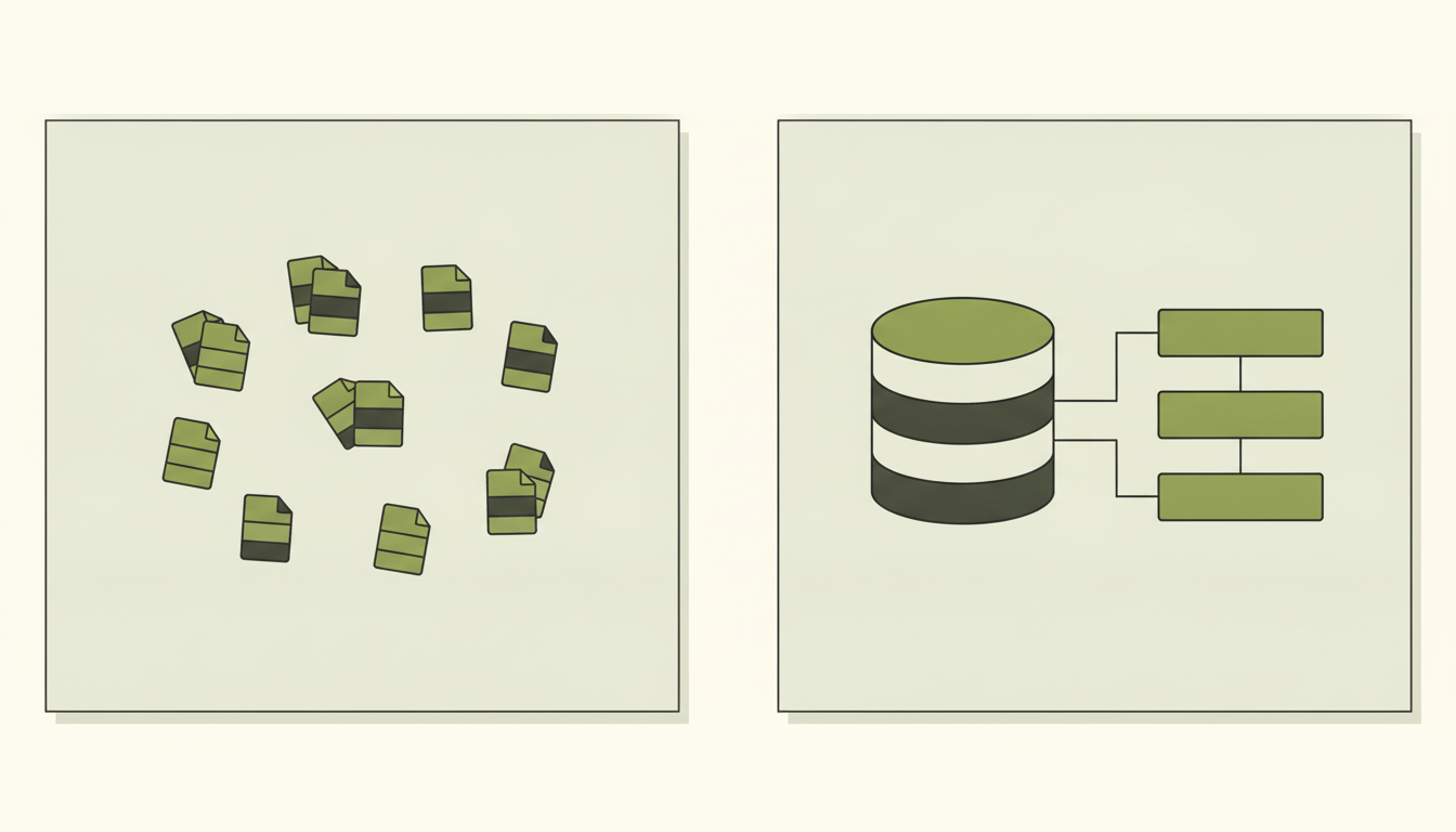 Two panels side by side. On the left, a loose scatter of separate file icons, some overlapping and some on their own, like a messy folder of shapefiles. On the right, a single database cylinder connected by straight lines to a tidy column of linked tables