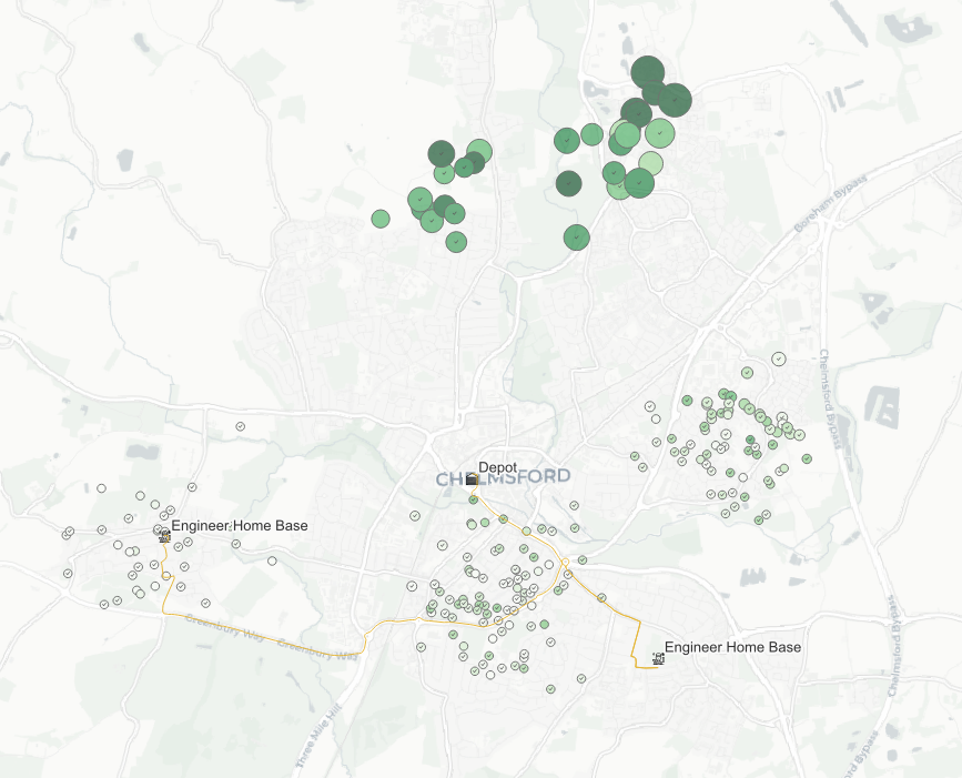 Initial map showing plotted callouts across Chelmsford