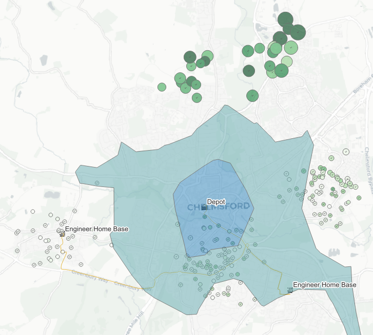 Drive time isochrone analysis — 10-minute radius from depot