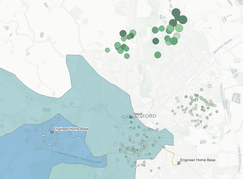 Drive time isochrone analysis showing Beaulieu Park coverage gap