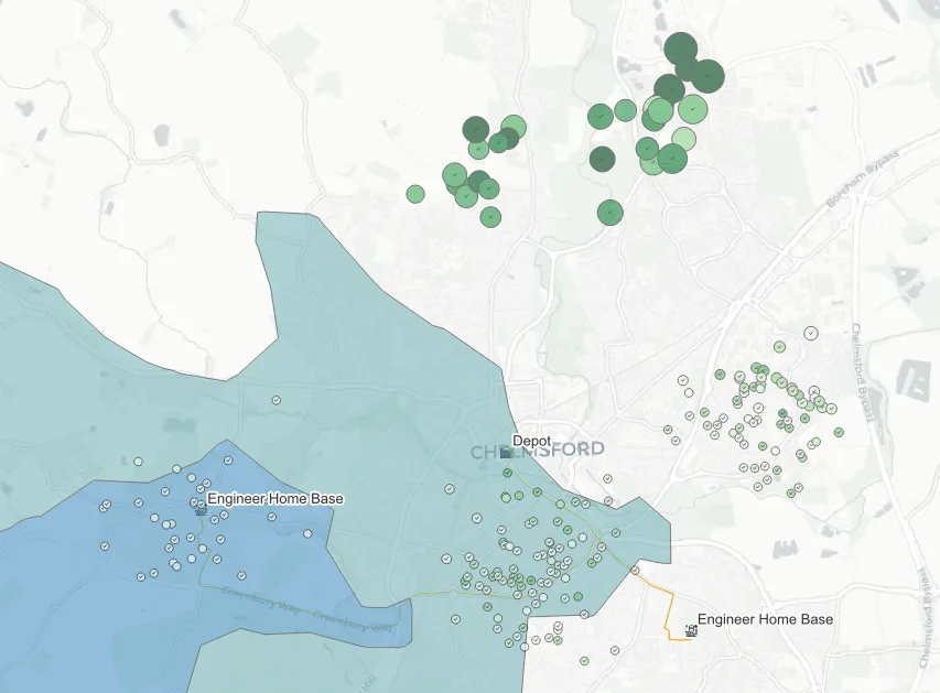 Drive time isochrone analysis showing Beaulieu Park coverage gap