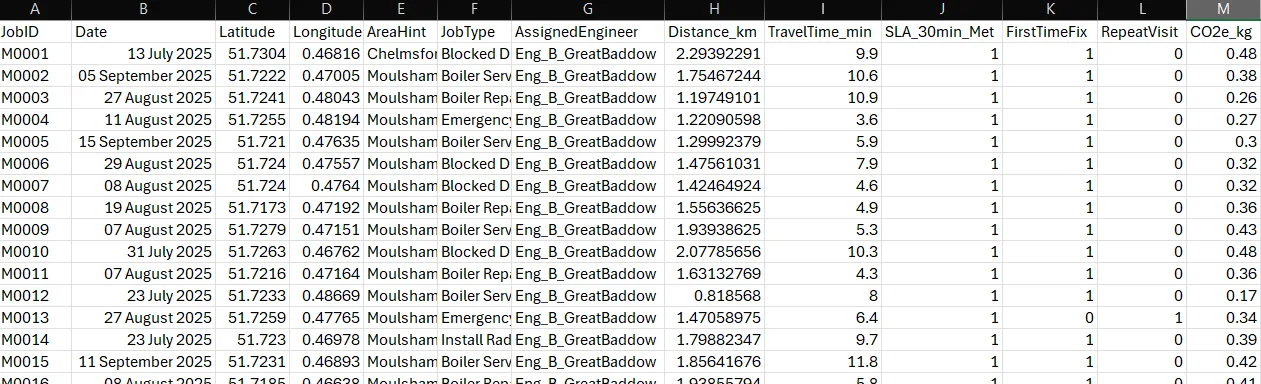 Callout data in spreadsheet format