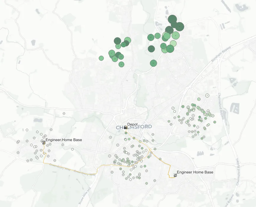 Initial map showing plotted callouts across Chelmsford